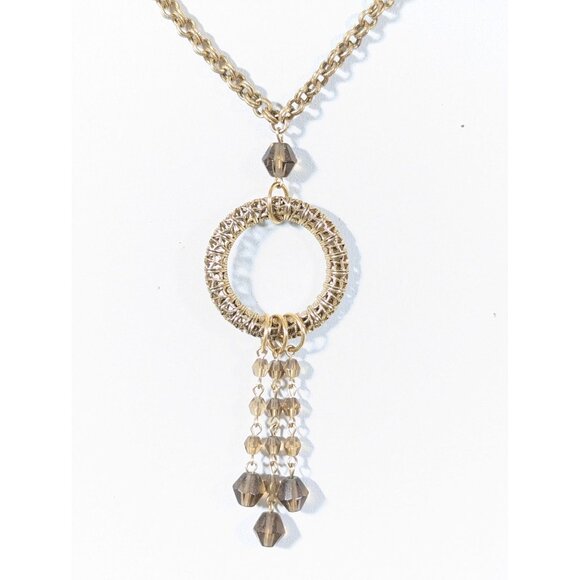 Retro Gold Tone Brown Glass Chain Tassel Necklace Rolo Link Boho 18" - Picture 1 of 9